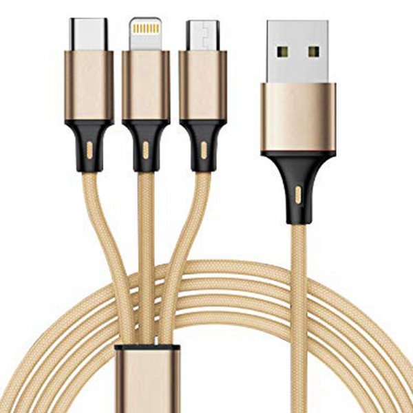 Wholesale 3-in-1 2.1A IOS Lighting / Type C / Micro V8V9 Strong Braided Aluminum USB Cable 4FT (Gold)